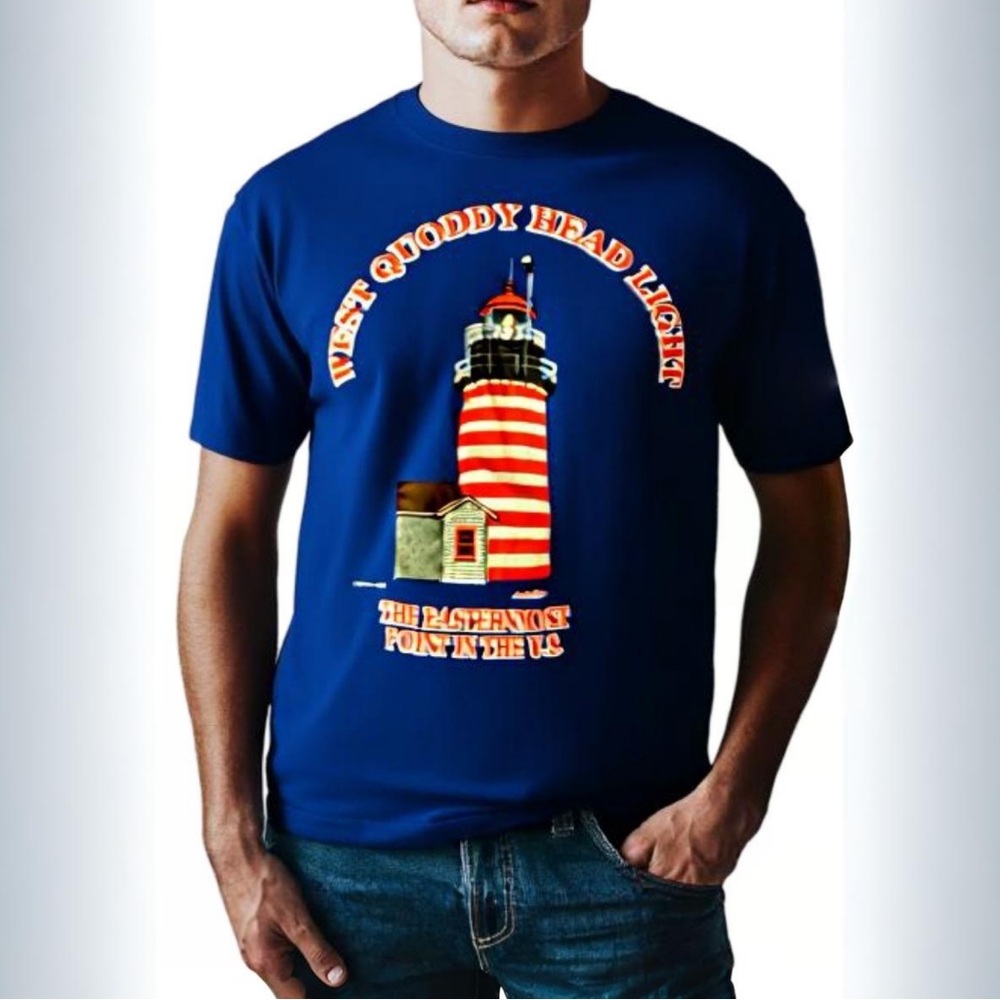 Vintage West Quoddy Head Light Graphic Maine T-Shirt - Blue - Size Small